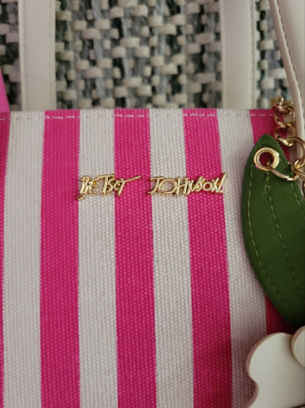 Betsey Johnson Pink and White Striped Shoulder Bag with Floral Charm - Picture 3 of 10
